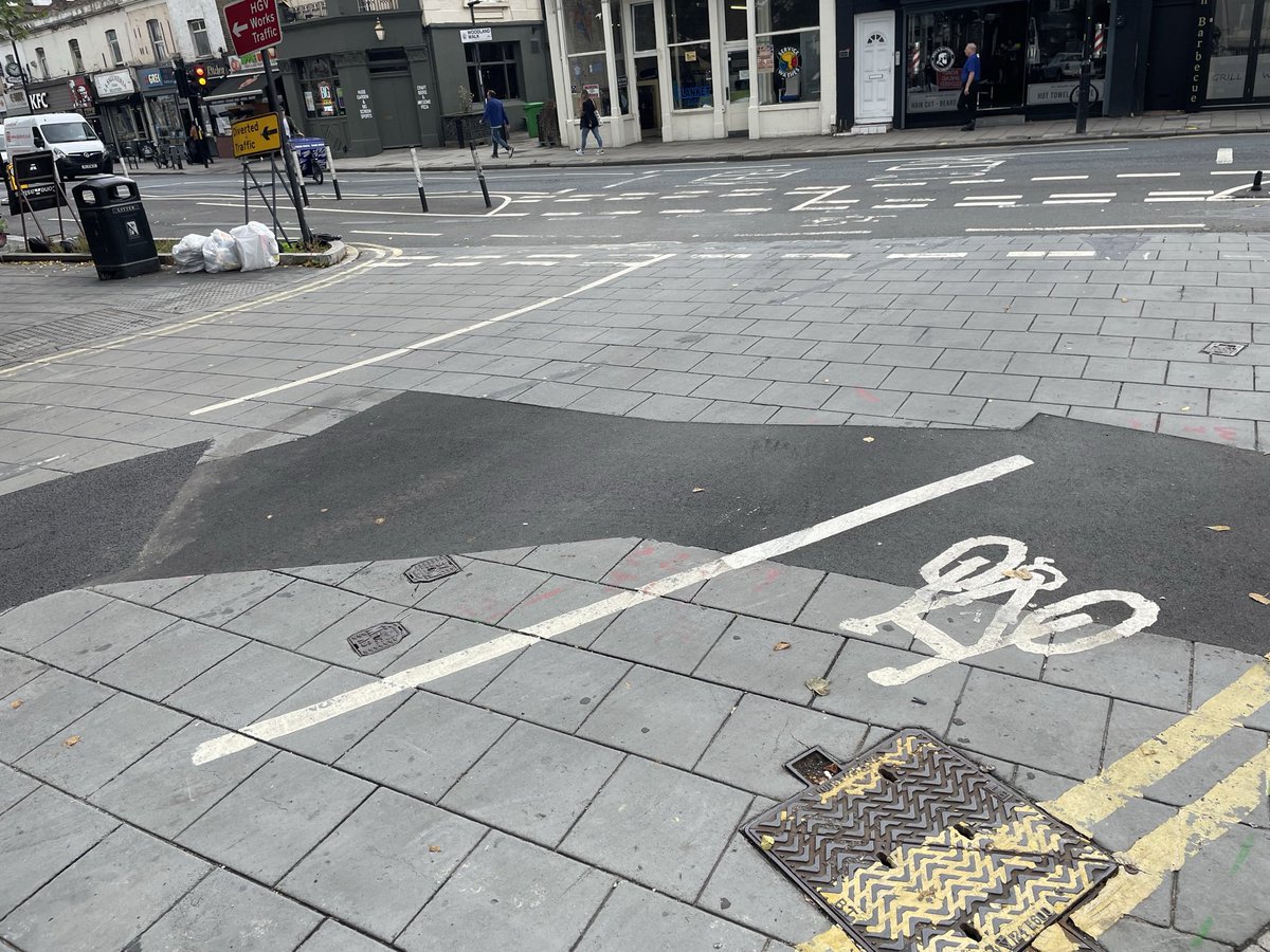 Tigra88's tweet photo. Could you please let us know what is going to be done to correct this shoddy job on the junction between Christchurch Way and Trafalgar Road. It is tantamount to vandalism.@Royal_Greenwich @thameswater @Barhaleltd https://t.co/0z3Pu7xDvN