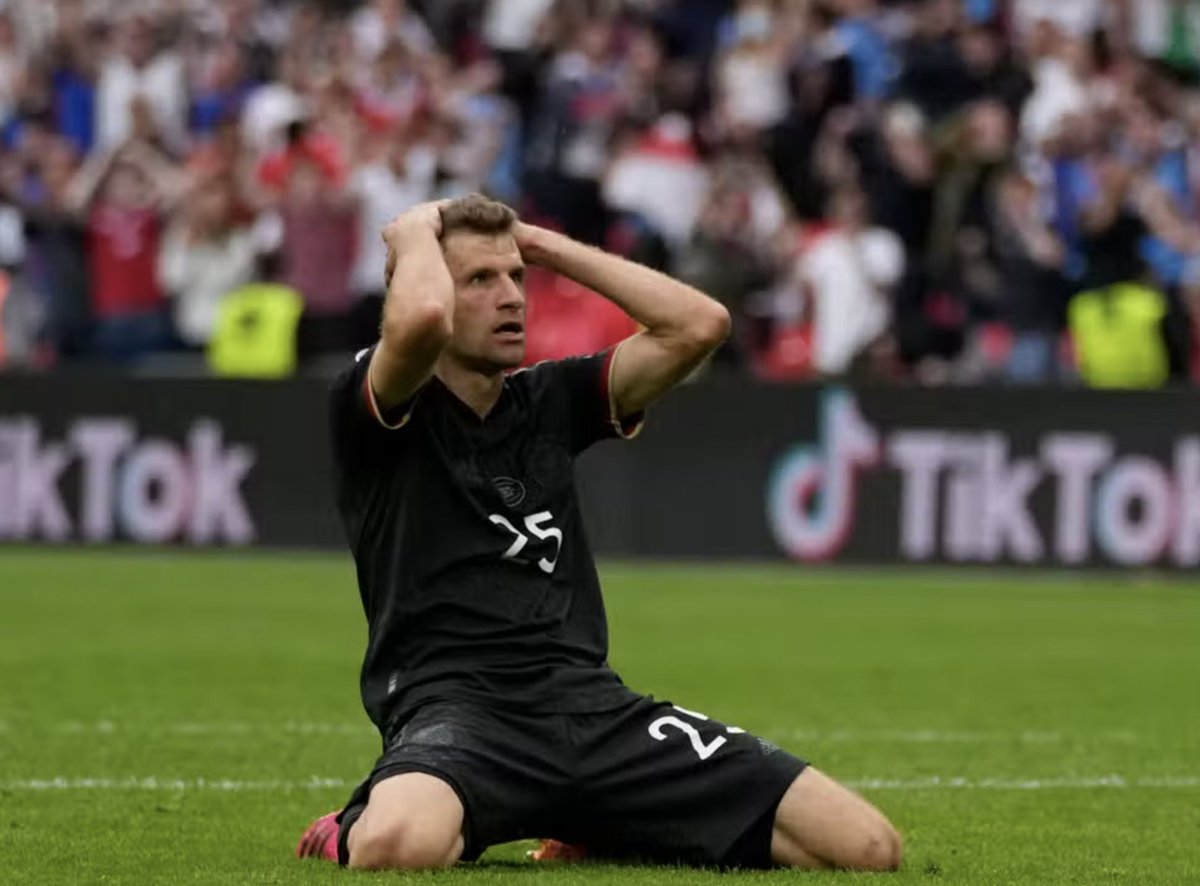 TrollFootball's tweet photo. Thomas Müller after accidentally assisting Lewandowski against Barca tonight https://t.co/biAcfTq64v