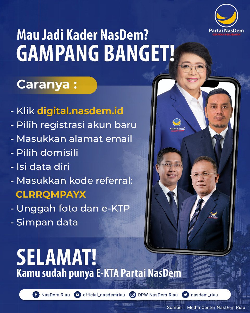 Mau jadi kader Partai NasDem? GAMPANG BANGET! 

Yuk, bersama kita jadi agen perubahan untuk mewujudkan Restorasi Indonesia. 

Bersatu Berjuang Menang💙
Salam Restorasi

#PartaiNasDem #NasDemRiau #KaderNasDem #NasDemAntiMahar #NasDemSayangKamu