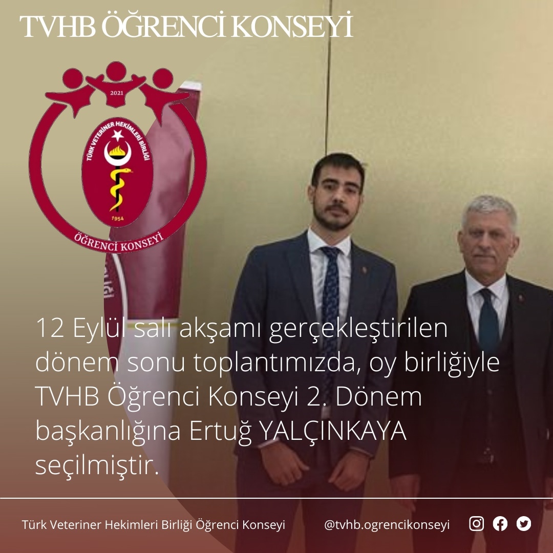 Türk Veteriner Hekimleri Birliği Öğrenci Konseyi yeni dönem başkanlık seçimi gerçekleştirildi. Yeni dönem başkanlığına oy birliğiyle Ertuğ YALÇINKAYA getirildi.
<a href="/merkezkonseyi/">Türk Veteriner Hekimleri Birliği</a>
<a href="/ali_eroglu44/">ALİ EROĞLU</a>
<a href="/ertugylcnky/">Ertuğ Yalçınkaya</a>
