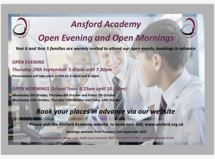 To book a slot at one of our open events please visit the Academy website - Ansford.org.uk