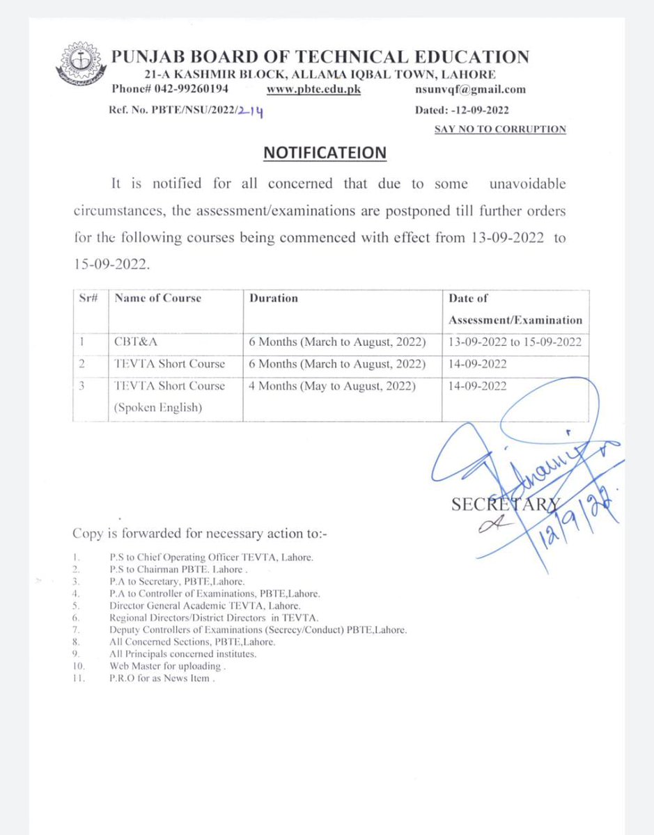 punjab_tevta's tweet photo. Due to some unavoidable circumstances, the assessment/examinations are postponed till further orders for the following courses. https://t.co/YHqLYmccOI