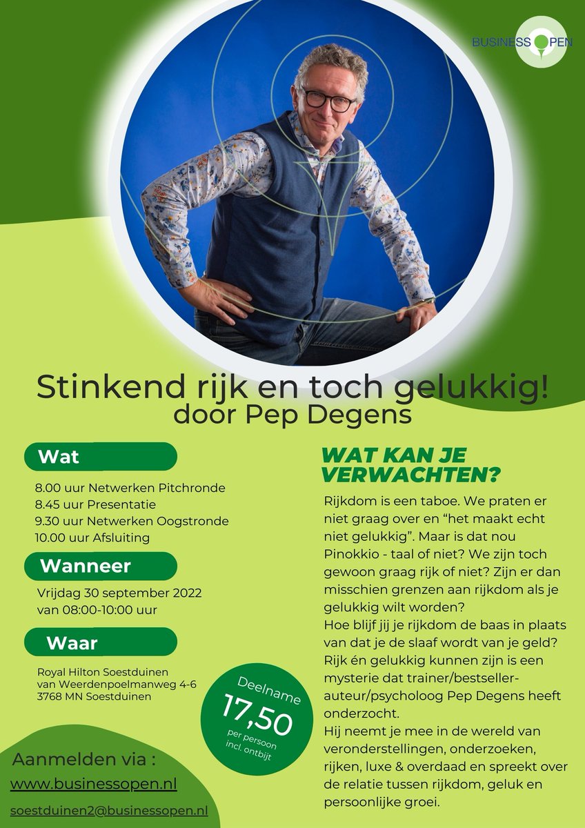 “Geld maakt niet gelukkig” zeggen ze soms. Maar waarom dan niet, en waar komt deze uitspraak eigenlijk vandaan? Tijdens deze presentatie vertelt trainer, bestsellerauteur en psycholoog Pep Degens meer over zijn onderzoek. 

Aanmelden kan via: businessopen.nl/.../utr.../soe…