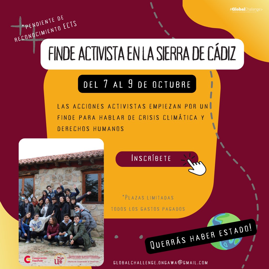 OngawaAND's tweet photo. EXTRA EXTRA! Finde formativo gratuito en la Sierra de Cádiz con @unisevilla. Vente a charlar y aprender sobre derechos humanos y crisis climática del 7 al 9 de Octubre. Querrás haber estado 🤪 ‼️Inscripciones: https://t.co/CIj3iONojW Con la financiación de @AECID_es https://t.co/2nIcvWl9kv