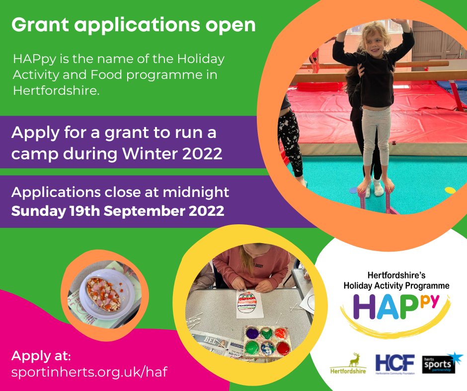WH_CVS's tweet photo. Grant applications are open for Winter #HAPpyCamps 2022 - activities for children with the aim of tackling holiday hunger, physical inactivity and social isolation

Visit: https://t.co/gPwWMVA0SJ

Organised by @hertscc @sportsinherts and @HertsCommunityF 
 
#HertsGrants #WelHat https://t.co/i2HJes7kB6