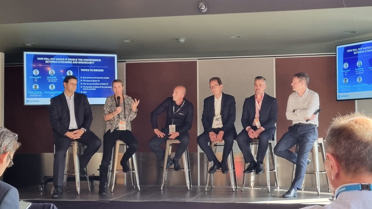 Thanks to @Eutelsat_SA for the invitation to Emily Dubs to join this @IBCShow panel on #NativeIP. There was huge interest in the demo the @DVB_Project booth, reflected in the good attendance and lively discussions at the session. Onwards and upwards for DVB-NIP! 🚀