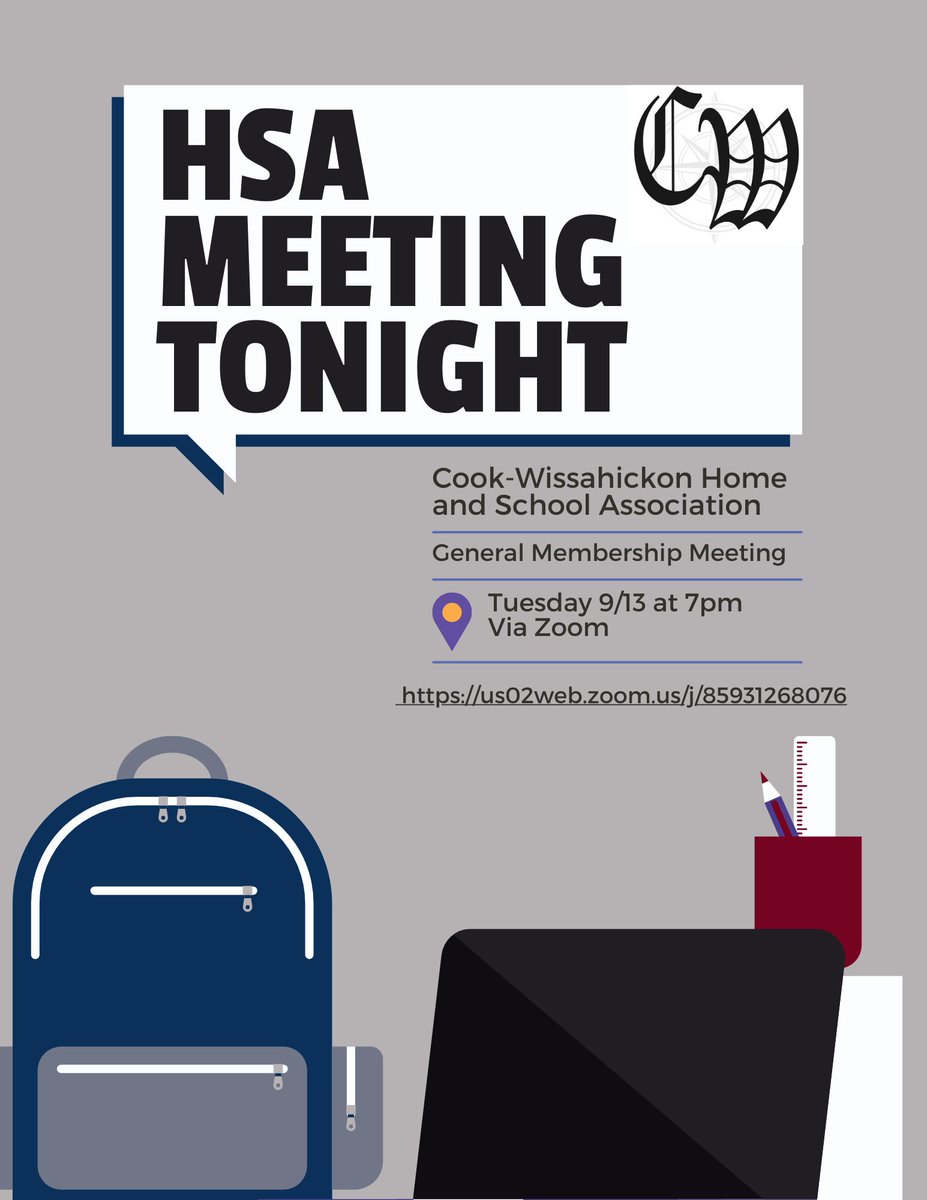 Cook-Wiss families- please join us for our first HSA General Membership meeting of the year tonight at 7pm via Zoom: us02web.zoom.us/j/85931268076