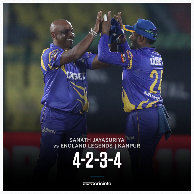 cricinfo's tweet photo. Sanath Jayasuriya turns the clock back in Kanpur! England Legends are bowled out for just 78

📸 Road Safety World Series