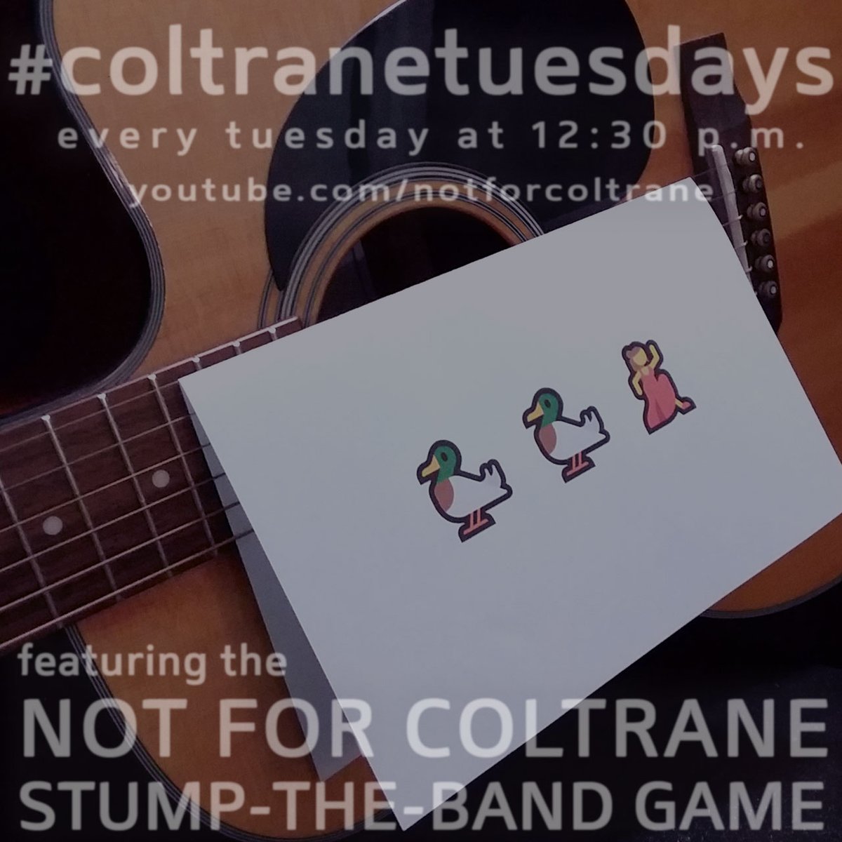 NotForColtrane's tweet image. We have a new theme for these next few #coltranetuesdays shows: It's time to focus on #DuckDuckBeth, the new duo project with Beth Mac Music! That's in just a few minutes, TODAY (Tuesday) at 12:30 p.m. at youtu.be/iDC_xw6Oxko
#nfcstumptheband #music #webcast