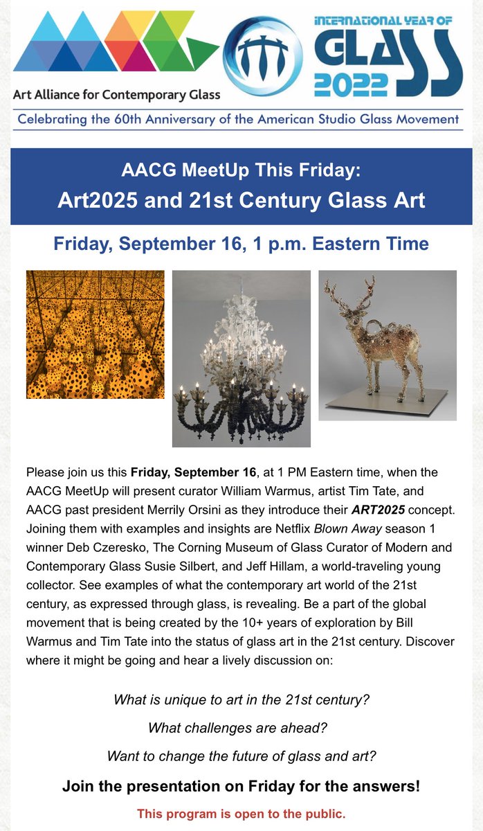 This Friday, Sept. 16, 2022 @ 1 PM E - 10 AM P
An Hour w/ Bill Warmus &amp; Tim Tate - You Know It's Going To Be An Online Glass Discussion Worth Your Time &amp; Talent!  
You'll need to register to attend: us02web.zoom.us/meeting/regist…