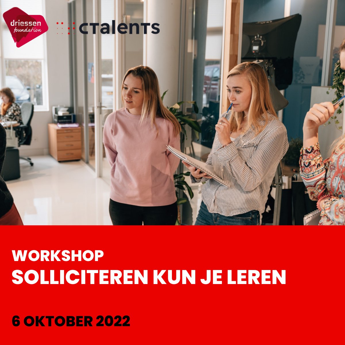 WORKSHOP: Solliciteren kun je leren!

Aan het einde van de middag loop je weg met een CV, motivatietekst en pitch die je direct kan gebruiken bij het solliciteren op jouw droombaan!

Meld je hier aan: hubs.li/Q01mbgKR0