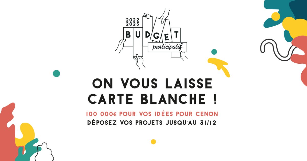 Budgets participatifs : on vous laisse carte blanche! 
La première édition des budgets participatifs de la Ville est lancée. 📣 Les projets peuvent être déposés jusqu'au 31 décembre 2022.
Tout savoir : ↪bit.ly/3LciJo5
 #cenon #budgetsparticipatifs #participation
