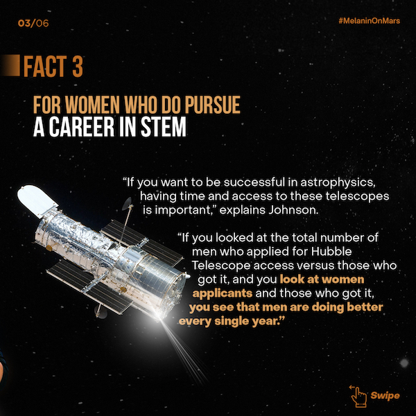 equityinspace's tweet photo. Let's be honest... space is White–White AND male-dominated! According to the 2020 Marie Claire article "Why Is Space Still So White?" only 6 women have been Black, and only 4 of those have actually been to space. We're creating a space to change that!

#MelaninOnMars https://t.co/LtMP0PNNg4