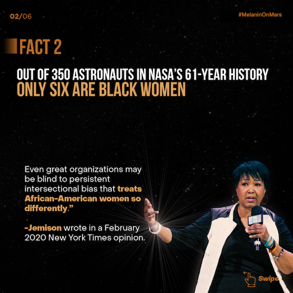 equityinspace's tweet photo. Let's be honest... space is White–White AND male-dominated! According to the 2020 Marie Claire article "Why Is Space Still So White?" only 6 women have been Black, and only 4 of those have actually been to space. We're creating a space to change that!

#MelaninOnMars https://t.co/LtMP0PNNg4