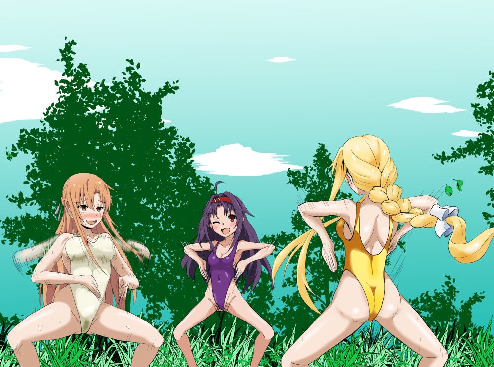 asuna (sao) ,yuuki (sao) 3girls multiple girls long hair one-piece swimsuit swimsuit blonde hair braid  illustration images