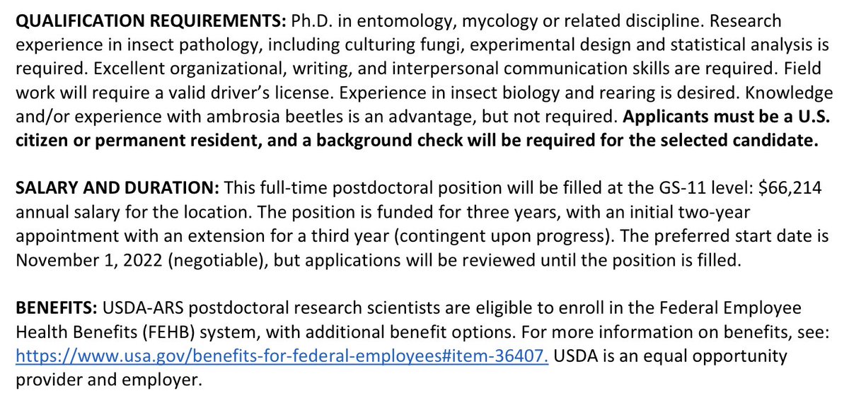 lovettbr's tweet image. We're looking for a postdoctoral research associate at the @USDA_ARS Robert W. Holley Center in Ithaca, New York! This entomologist position involves work with ambrosia beetles and biocontrol fungi. 🍄🪲🍄 

Role is for 3 years at $66,214/year with FEHB and can start 1 November!