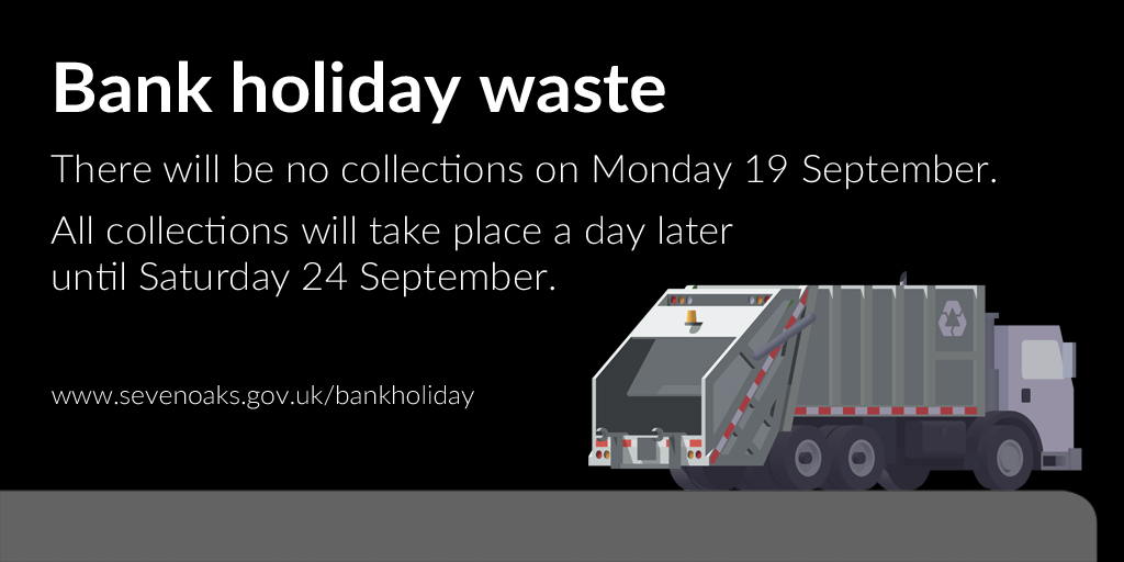 Next Monday, 19 September, has been announced as a bank holiday. Therefore there will be no rubbish, recycling or garden waste collections on this day &amp; all pickups that week will be a day later until Saturday 24 September. Find out more - bit.ly/3REytCQ