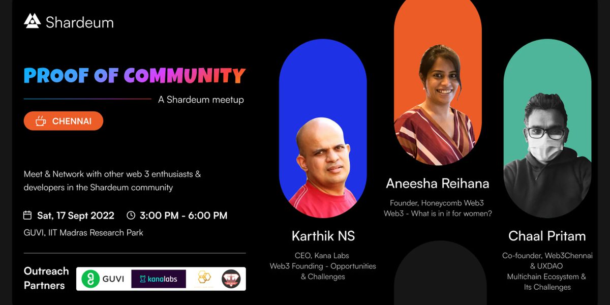 Web3Chennai's tweet photo. 🙏🏻 Vanakkam Web3 👋

We're excited to announce @shardeum Organizing a Web3 IRL Meetup for blockchain enthusiasts, Developers's &amp; founder's on Saturday 17th Sep, 3pm Onwards at @guviofficial 🚀

We have Speakers @ns_karthik @QueenBeeHcw3 @ChaalPritam

RSVP: https://t.co/TiRlsTFhzN https://t.co/B621cFG73p