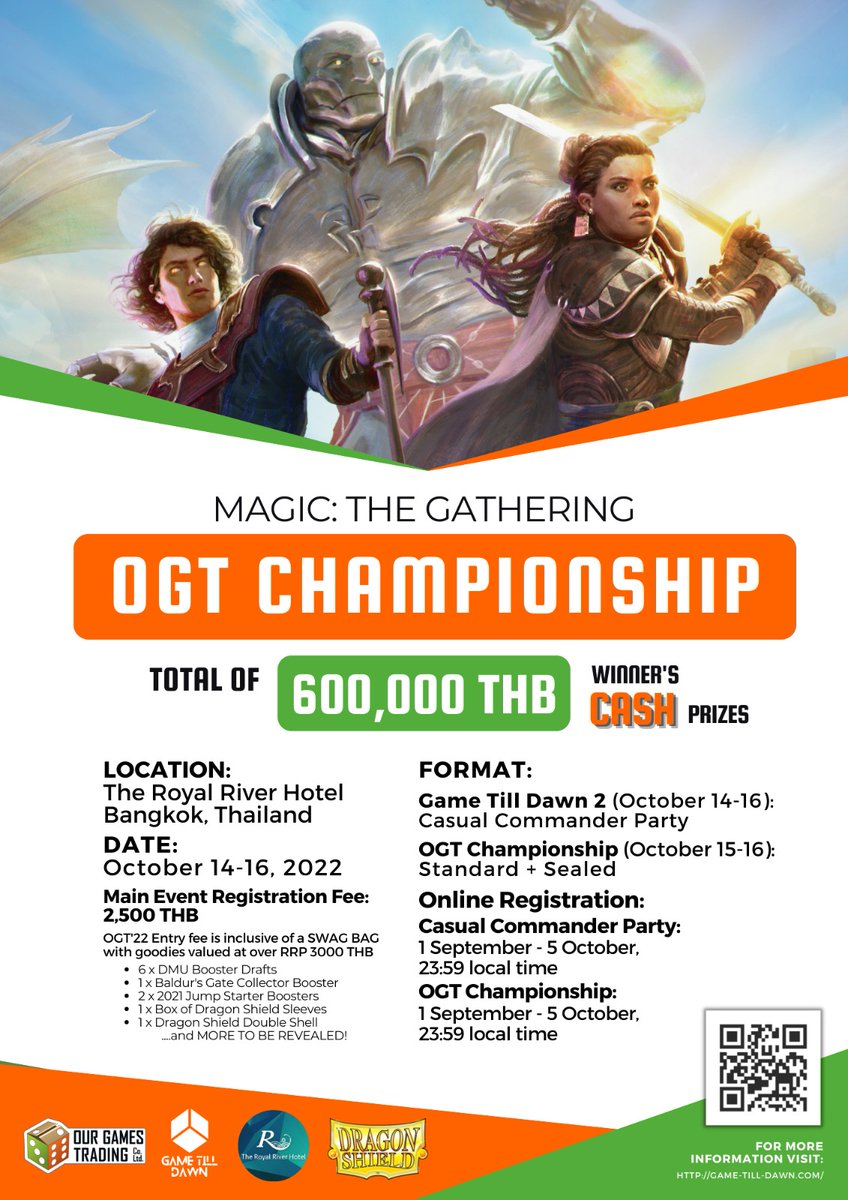 There will be a Magic: The Gathering event on 14-16 Oct in Bangkok by Our  Trading Games, the MTG Distributor of Thailand. With a prize pool of 600K  THB (about 17K USD)