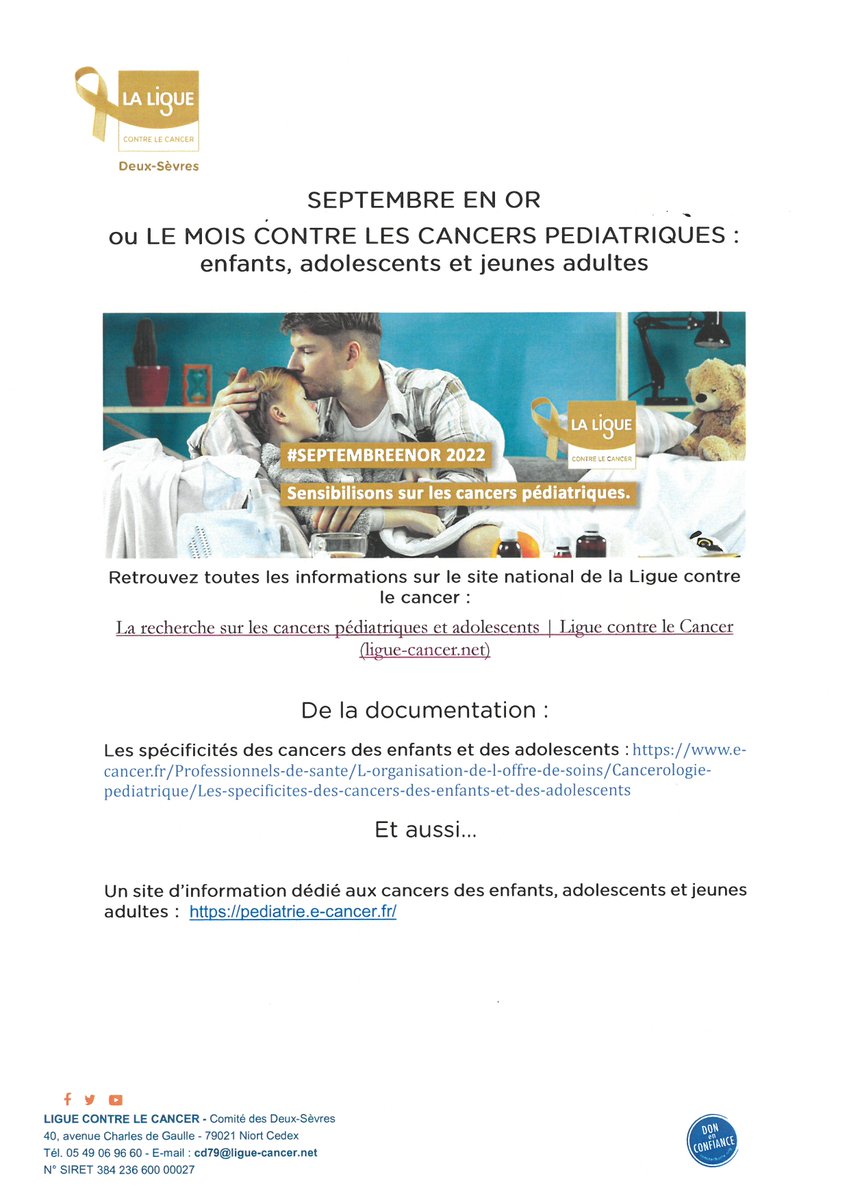 Liguecancer_79's tweet photo. #SeptembreenOR #cancerspédiatriques #CD79
SEPTEMBRE EN OR :
Retrouvez toutes les informations sur le site national de la Ligue contre les cancers pédiatriques : La recherche sur les cancers pédiatriques et adolescents | Ligue contre le Cancer (https://t.co/DiYOjTZMDg) https://t.co/F9ZAyqWCqM