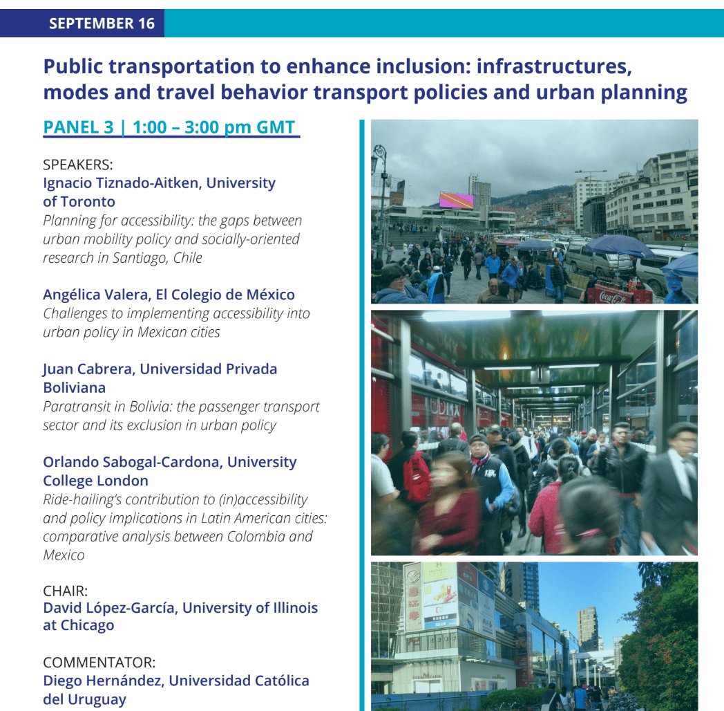 This week we will host out third panel of "Citizens on the Move: Accessibility and Mobility in the Global South".
Looking forward to hear from <a href="/nacho_tiznado/">Ignacio Tiznado</a>, Angelica Valera, Juan Cabrera, <a href="/AntonioSabogal/">Orlando Sabogal</a>, David López-García, and <a href="/dohernanl/">Diego Hernandez</a>

More info: intalinc-lac.com/eventos/