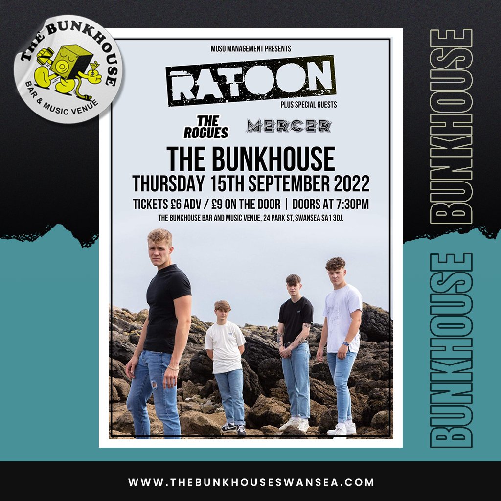 TheBunkhouseSA1's tweet photo. 📅 THURSDAY!! ⇩
Popular indie alt-rockers from the Valleys @ratoonband headline The Bunkhouse! 🎸🏴󠁧󠁢󠁷󠁬󠁳󠁿 

Joined by special guests @TheRogues__ &amp; Mercer.

🎟️ £7 ADV/ £9 OTD

Get your tickets here or OTD ⇨ https://t.co/ayvpCgnvvS

#TheBunkhouse #BunkhouseSwansea #Swansea #Ratoon https://t.co/spOQ4a7GPr