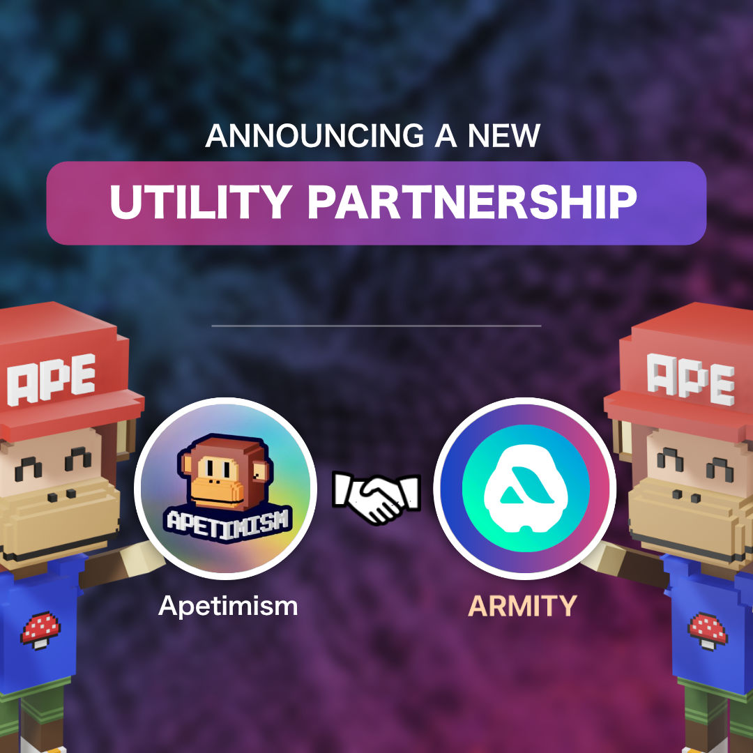 We are proud to announce our partnership with <a href="/ArmityApp/">Armity</a> !

ARMITY is a mobile application that allows you to place your NFT on a photo or video. #Apetimism is now in the internal test phase as it will be the first NFT collection that user can play around with 3D model!
