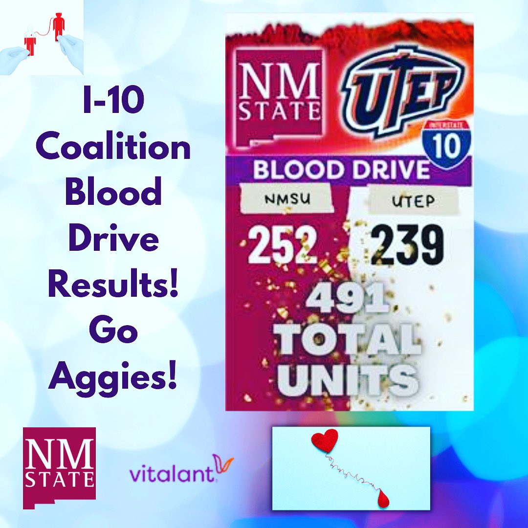Way to go Aggies!! The I-10 Coalition Blood Drives have brought in more than 15,000 units of blood since 2004. This year we collected 491 total units of blood, which is enough to touch the lives of 1473 local patients! ❤️😊

#nmsu #nmsuaggies #vitalant #blooddrive #nmsuvsutep