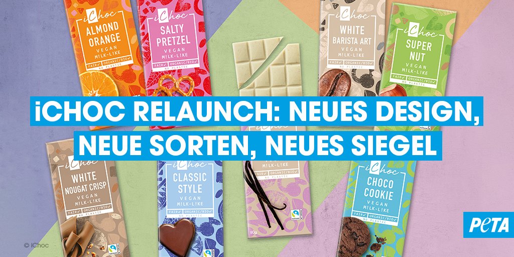 PETADeutschland's tweet photo. Relaunch: #iChoc setzt bei neuem Sortiment auf zertifizierten Fairtrade-Kakao und klimafreundlichen regionalen Rübenzucker statt auf Rohrzucker aus Brasilien. Zutaten wie Buchweizen und Mandelöl ersetzen in den meisten Sorten den bisher verwendeten Reisdrink. 🍫🌱 https://t.co/Qw59ATombv