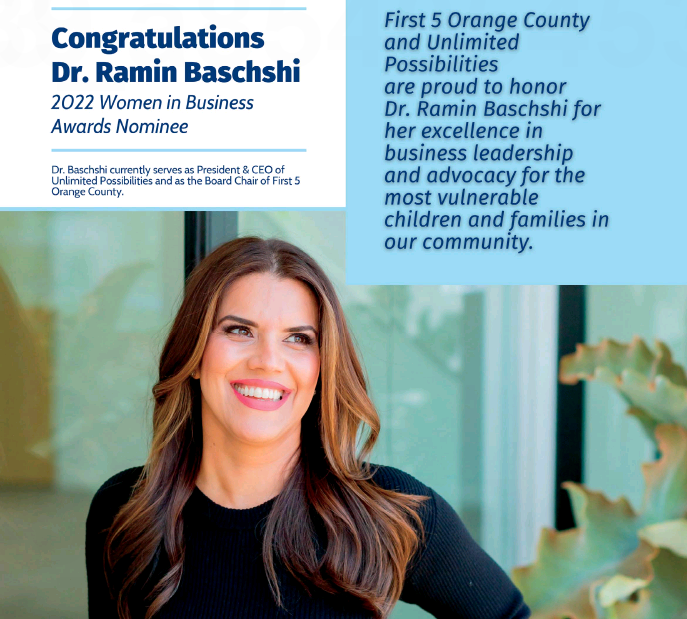 We would like to congratulate Dr. Ramin Baschshi of <a href="/uptheimpact_/">Unlimited Possibilities - UP, formerly UCP-OC</a> for being an <a href="/OCBizJournal/">OCBJ</a> #WomeninBusiness nominee! She is the current Chair of First 5 Orange County and we are thrilled for Dr. Baschshi to receive this well-deserved honor.
 
Congratulations, Dr. Baschshi!