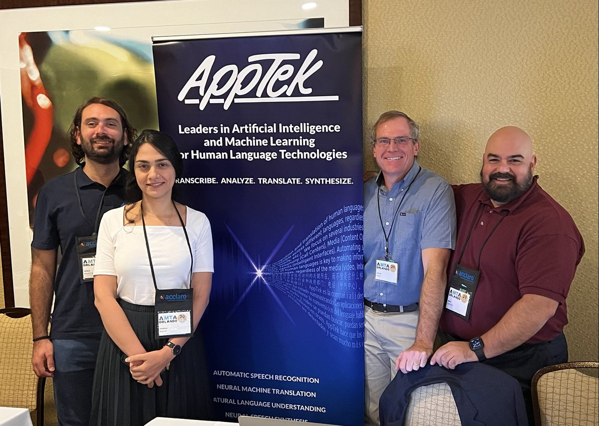 Dr. Parnia Bahar together with the ⁦<a href="/AppTek_McLean/">AppTek</a>⁩ team (Steve Cook, Mike Veronis &amp; Adria Martinez) at AMTA Orlando 2022 amtaweb.org will present “Spoken MT in Automatic Video Dubbing”