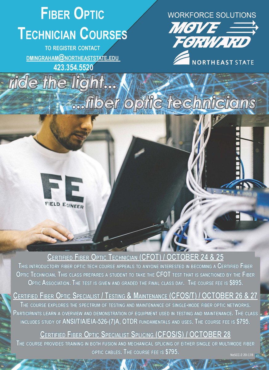 NEStateWFS's tweet photo. Begin training for a career as a certified fiber optic technician on October 24th! The course includes the certification exam by the Fiber Optic Association.  Contact dmingraham@northeaststate.edu or (423)354-5520 for more information. #fiberoptictraining #fiberoptic https://t.co/M7yRdv9ktR