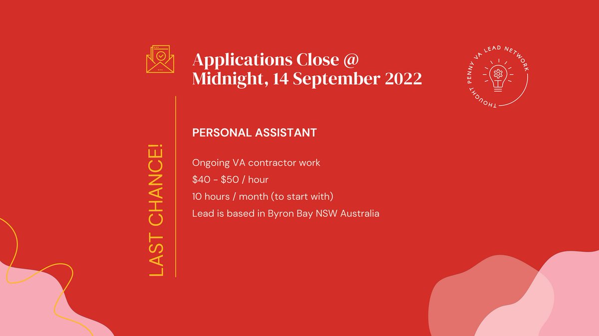⏰ Time is running out!  Apply for this role now!

📍 You must be based in Australia to apply

🌐 View the full role brief: valeadnetwork.com.au/lead/personal-…

#aussievaleads #australianfreelancer #australiansmallbusiness