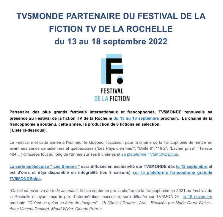 TV5MONDE_pro's tweet photo. .@TV5MONDE, partenaire historique @festivalfiction #LaRochelle, soutient la production de 6 des œuvres en compétition et programme en exclusivité sur sa chaîne dédiée à l’Europe francophone la saison 1 de la série @iciradiocanada #LesSimone, à (re)voir aussi sur @TV5MONDEPLUS https://t.co/1MpUVnOhdd