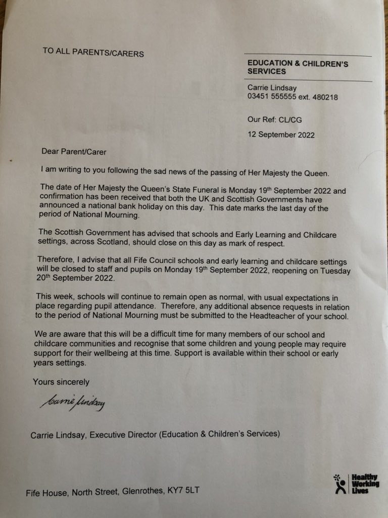 Due to the passing of Her Majesty the Queen the Scottish Government have advised that all schools and childcare settings will be closed Monday 19th September as a mark of respect. 
We will reopen on Tuesday 20th at 8am.