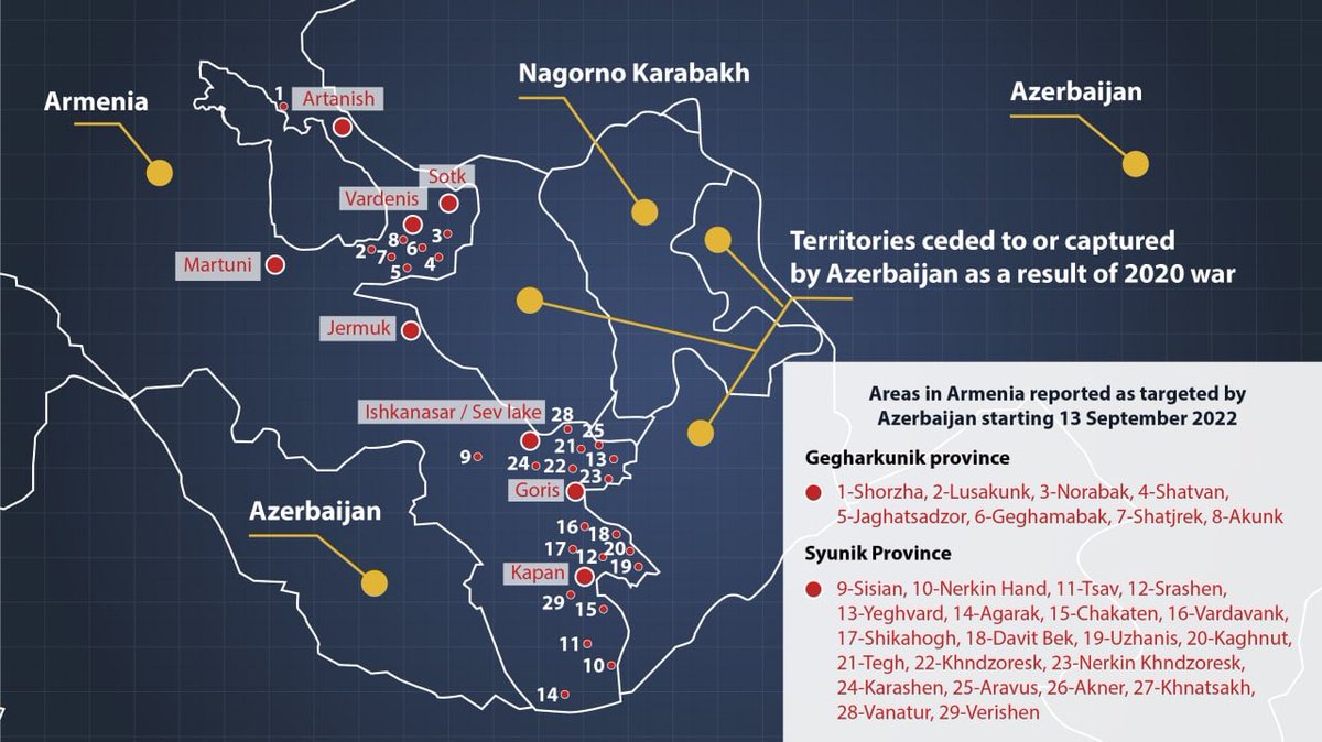 Map demonstrates settlements of #Syunik &amp; #Gegharkunik regions of #Armenia which were shelled by the #Azerbaijan'i armed forces, including w/use of heavy artillery &amp; UAVs, during the large-scale aggression on September 13.