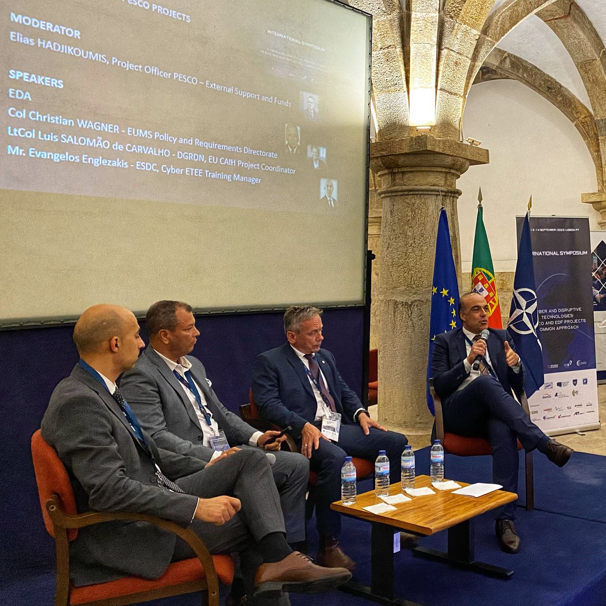 ehadjikoumis's tweet photo. Representing the @EUDefenceAgency at the International Symposium “Cyber &amp; Disruptive Technologies: PESCO &amp; EDF Projects Common Approach” organized by @defesa_pt, in Lisbon. Today, I moderated the panel on #Cyber and #PESCO projects #cyberdefense #collaboration #newchallenges https://t.co/q5LXmAlxC7