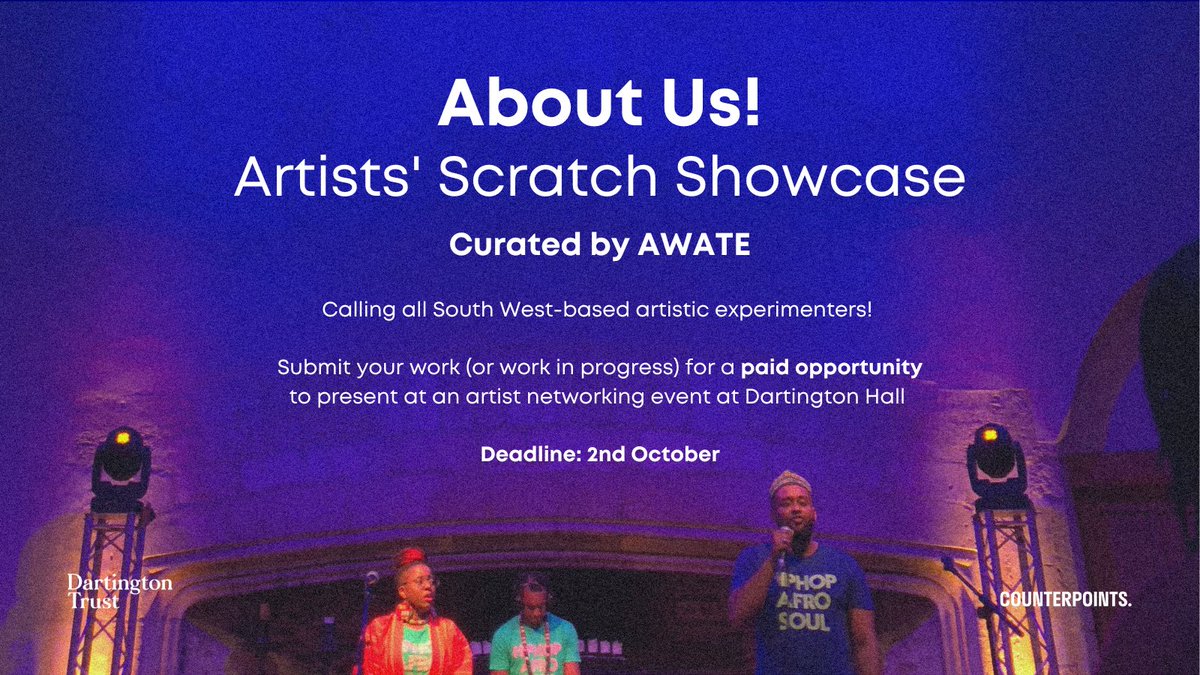 DartingtonTrust's tweet photo. Calling all South West-based artistic experimenters! Paid opportunity to present work (or work in progress) at a creative networking event on 13th Oct at @DartingtonTrust. 

Apply by 2nd Oct here: https://t.co/RfUcZLYivZ 

@CounterArts @AWATEMusic @DartingtonArts 
#PopXChange https://t.co/h1eWwWzoLL