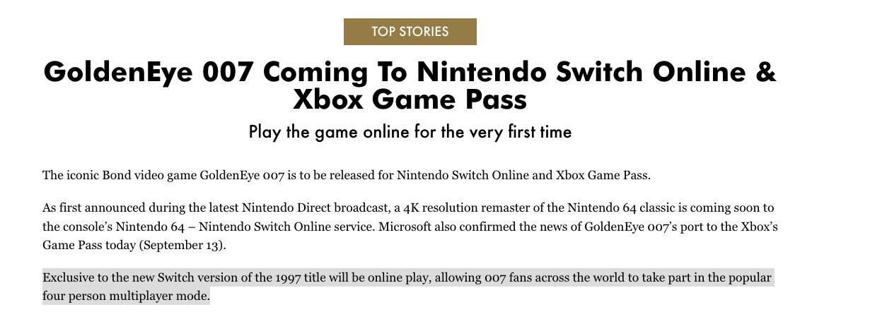 GoldenEye 007 Coming To Nintendo Switch Online & Xbox Game Pass