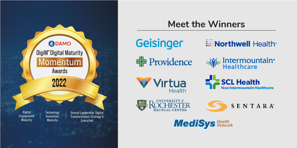 PaddyPadmanabha's tweet photo. Congratulations to the leaders &amp; honorees of the 2022 DigiMᵀᴹ Digital Maturity Momentum Awards! @Geisinger @providence @NorthwellHealth @Intermountain @SCLHealth @VirtuaHealth @sentarahealth University of Rochester Medical Center Medisys Health Network #DigiMMomentumAwards2022 https://t.co/tWWFYQAge5