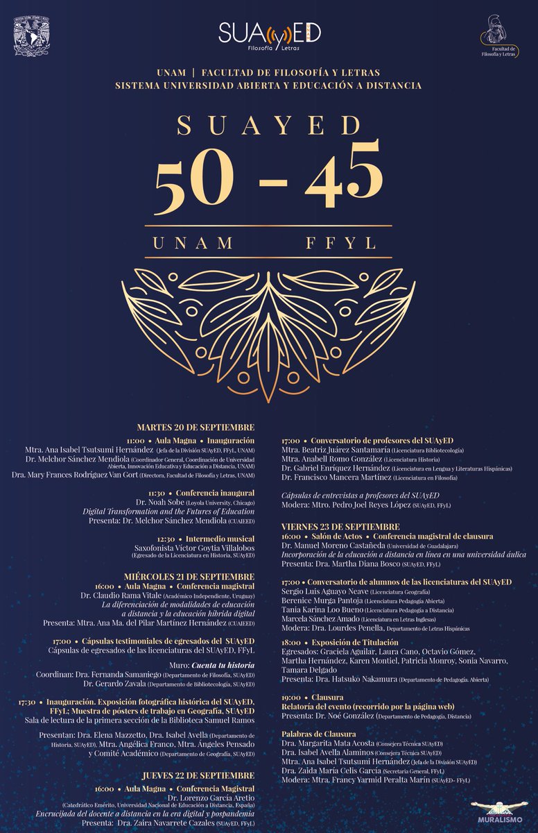 Atenta invitación #ComunidadSUAyEDFFyL Celebración 50 aniversario SUAyED UNAM - 45 aniversario SUAyED FFyL 20 al 23 de septiembre ¡Los esperamos! ⁦<a href="/filos_unam/">Filosofía y Letras UNAM</a>⁩ ⁦<a href="/SUAyED_UNAM/">SUAyED</a>⁩ ⁦⁩ ⁦<a href="/Toda_la_UNAM/">TodaLaUNAMenLínea</a>⁩ ⁦<a href="/UNAM_MX/">UNAM</a>⁩ ⁦<a href="/suayedEconomia/">SUAyED Economía UNAM</a>⁩ ⁦<a href="/hist_sua/">Historia SUAyED</a>⁩ 👊🏼