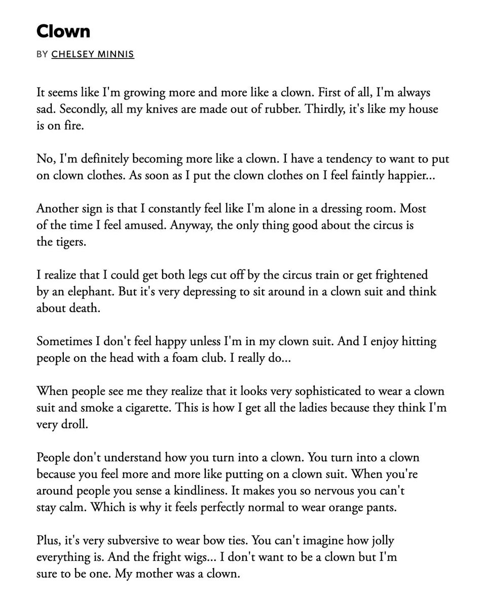 Send in the (poems about) clowns. 🤡 Another all-time fave by <a href="/ChelseyMinnis/">Merrit Schmidt</a>.