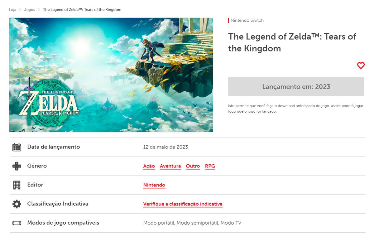 Fui dar uma olhada na página de Zelda: Tears of the Kingdom para ver os idiomas disponíveis e a Nintendo não colocou a informação.... <a href="/NintendoAmerica/">Nintendo of America</a> libera um PT-BR pra gente ai!