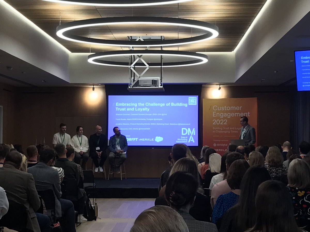 DMA_UK's tweet photo. Frank Brooks (@dotdigital), Shannon Donovan (@Drift), Benoit Soucaret (@Merkle), and @beeston (@Salesforce @marketingcloud) discussing how brands can embrace the challenge of building trust and loyalty.

#marketing #data #customerengagement #trust #loyalty #dmaevents https://t.co/nhMu7SVKoV