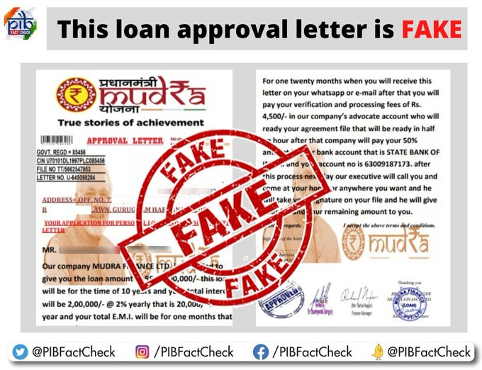 An approval letter claims to grant a loan of ₹10,00,000 under the 𝐏𝐌 𝐌𝐮𝐝𝐫𝐚 𝐘𝐨𝐣𝐚𝐧𝐚 on the payment of ₹4,500 as verification & processing fees. #PIBFactCheck ▶️This letter is #Fake. ▶️@FinMinIndia has not issued this letter. Read more: 🔗mudra.org.in/FAQ