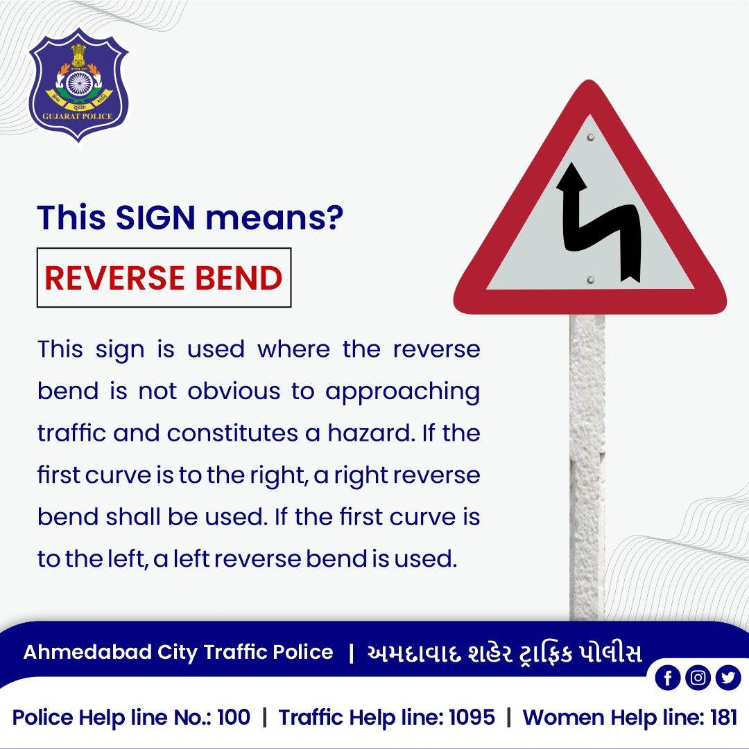 PoliceAhmedabad's tweet photo. This sign is used where the nature of the reverse bend is not obvious to approach traffic.

One of the must-know signs.
#staysafe #staysignalfriendly

#roadsafety #followtrafficrules #trafficpolice #trafficawareness #police #trafficrules https://t.co/4TFdGtqiWg