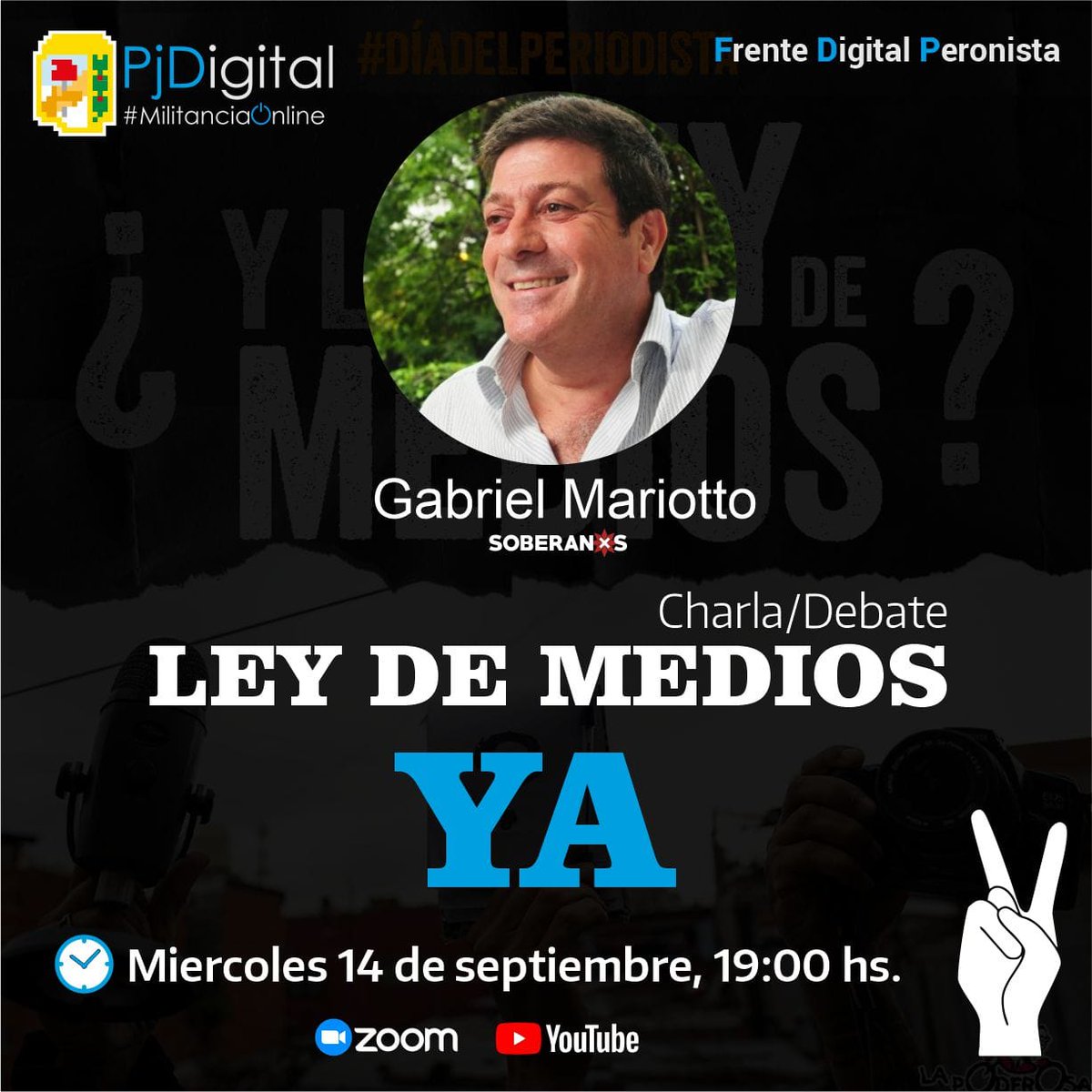 PJDigitalProv25's tweet photo. 📌 LEY DE MEDIOS YA
Charla/Debate junto al compañero GABRIEL MARIOTTO.
Día: Miércoles 14/09
Hora: 19:00hs 
 Enlace de  Zoom* 📲👇
https://t.co/TgaFyrw8ES

ID de reunión: 876 3582 7941
 *Código de acceso: PJD2022*

#LeyDeMediosYa @gabmariotto
#soberanos #14deseptiembre https://t.co/El7s3brdWh