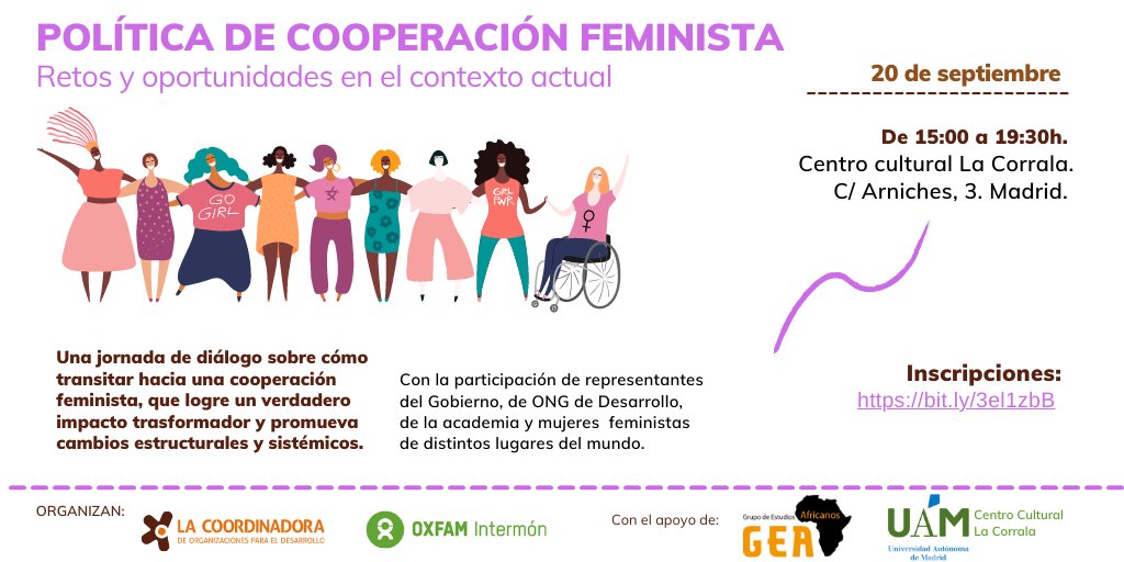 CoordiONGD's tweet photo. 📢Cuenta atrás para nuestra Jornada sobre #CooperaciónFeminista
De la mano de @OxfamIntermon 

📆20 de septiembre. ⌚️15:00 a 19:15h
📍Espacio La Corrala, Madrid.

ℹ️https://t.co/47lM9ABciM

🖊️Inscríbete, aún hay plazas. https://t.co/P9iECNfO0Z