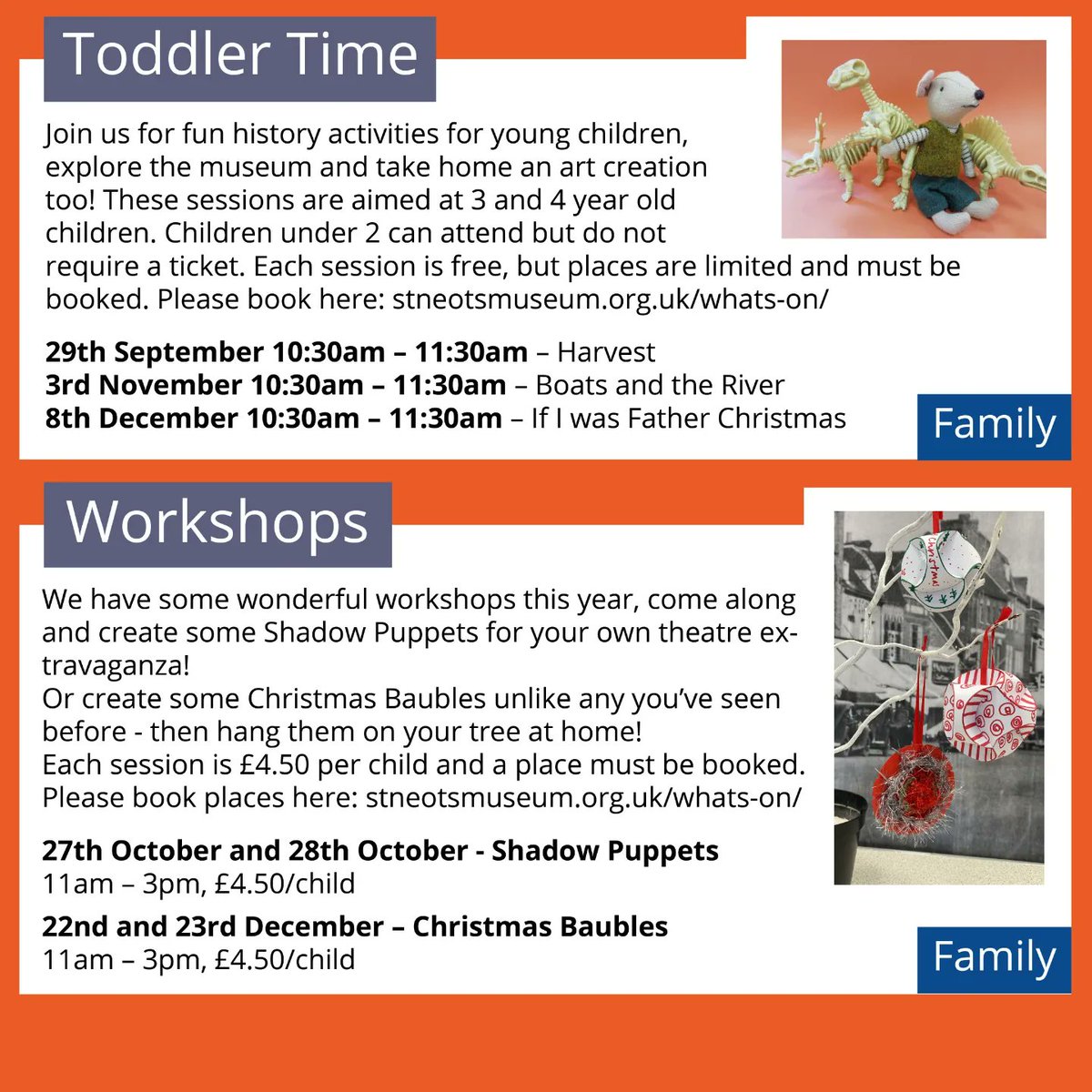 StNeotsMuseum's tweet photo. 3/5
...Shadow Puppet Workshops, Christmas Bauble Workshops, new exhibitions, Toddler Time...

#Autumn #Winter #AutumnActivities #StNeots #StNeotsMuseum #StNeotsHistory #YourStoriesYourMuseum #ToddlerTime #Archaeology #GhostTour #CrimeTour #Christmas #Workshops #ToddlerTime https://t.co/3vutuIcTSF