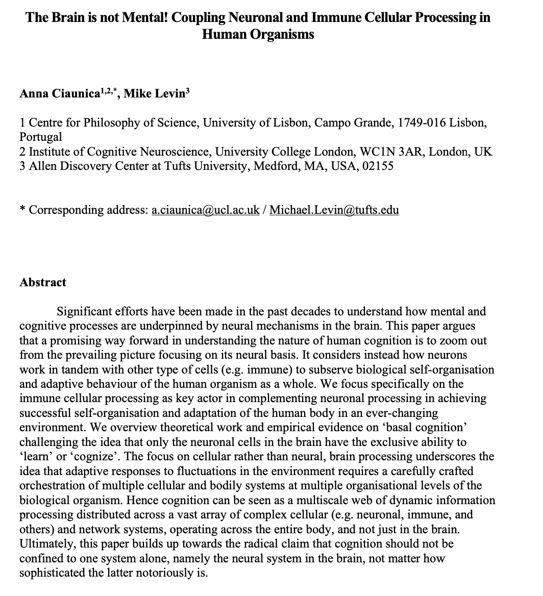 New preprint! 🎉

Cognition is a multiscale web of dynamic information processing (neural &amp; immune), distributed across  complex cellular and network systems, operating across the entire body, and not just in the brain

Fab teamwork with <a href="/drmichaellevin/">Michael Levin</a> 😎
psyarxiv.com/fgcy5